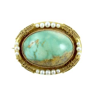 Art Nouveau Turquoise Natural Pearl Brooch