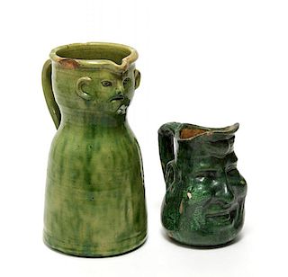 Folk Art Green-Glazed Pottery Face Jugs, 2