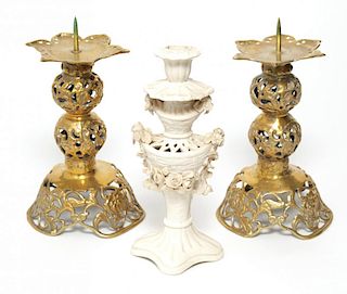 Continental Candlesticks, Bronze & Pottery, 3