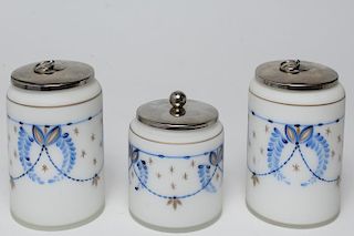 Milk Glass Vanity Jars, Hand-Painted Set of 3