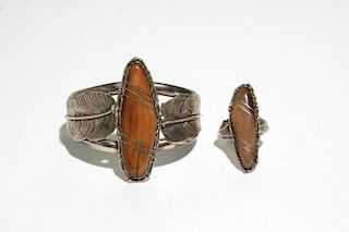Navajo Silver & Spiny Oyster Bracelet & Ring Set