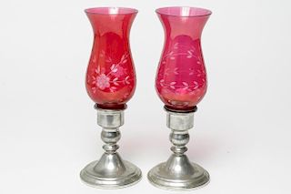 Web Pewter, Silver, & Cranberry Glass Hurricanes