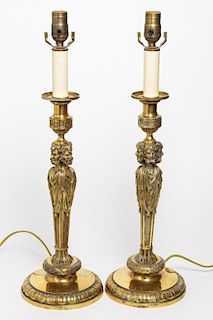Antique Neo-Gothic Brass Table Lamps, Pair