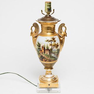 Old Paris Porcelain Urn Vase Lamp, Hand-Painted