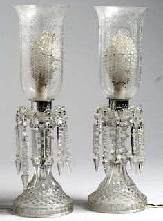 Etched Glass Lamps, Pair w. Neoclassical Shades