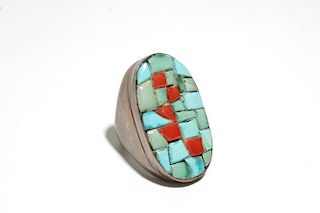 Zuni Silver, Turquoise, & Coral Inlay Man's Ring