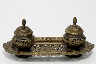 Gilt Brass Inkstand/ Double Inkwell, Vintage 1920s