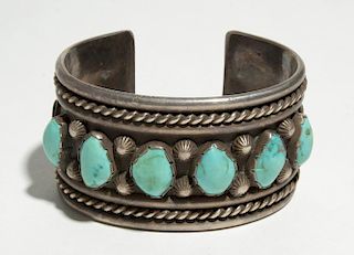 Navajo Silver & Turquoise Sand-Cast Cuff Bracelet