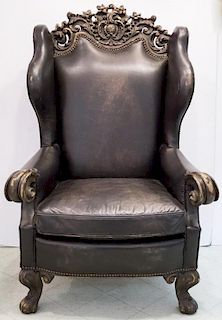 Continental Leather & Wood Wing Chair
