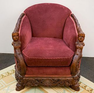 Victorian Revival Carved Wood & Upholstered Chair