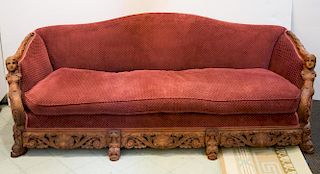 Victorian Revival Carved Wood & Upholstered Sofa