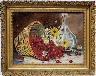 Still Life with Cherries- Unsigned Oil on Tin