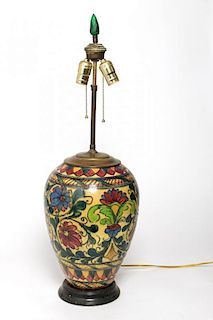 Italian Majolica Jar Lamp, Hand-Painted & Incised