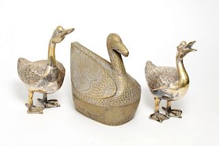 Asian Brass Duck Figures, a Pair & a Box