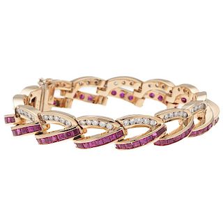 Channel Set Ruby and Diamond Bracelet in 14 Karat Yellow Gold