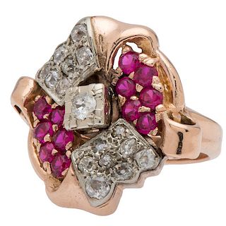 Diamond and Synthetic Ruby Retro Ring in 14 Karat Rose Gold