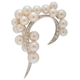 Vintage Pearl and Diamond Brooch in 14 Karat White Gold