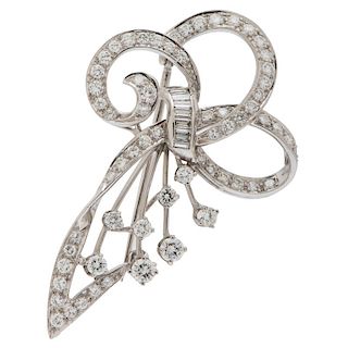 Round and Baguette Diamond Brooch in Platinum Ca. 1950's