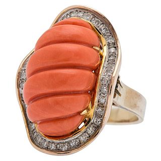 Carved Coral and Diamond Ring in 14 Karat Yellow Gold