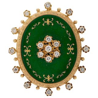 Cesare De Vecchi Convertible Brooch/Pendant in 18 Karat Yellow Gold with Diamonds and Enamel