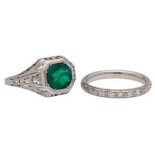Edwardian Emerald Ring in Platinum with Diamond Wedding Band