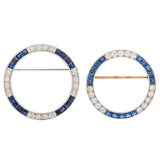 Diamond and Sapphire Circle Pins in 14 Karat White Gold and Platinum