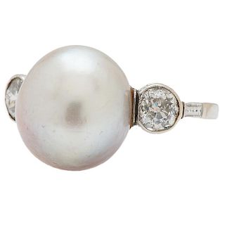 G.I.A. Certified Natural Pearl and Diamond Ring in 14 Karat White Gold