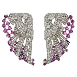 Art Deco Diamond and Ruby Dress Clips in Platinum