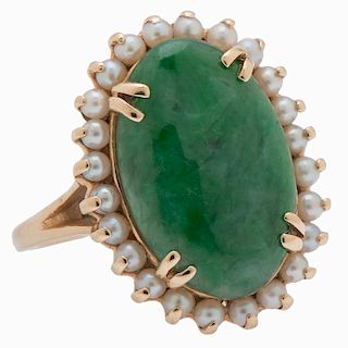 Jade and Seed Pearl Ring in 14 Karat Yellow Gold