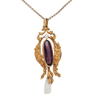 Amethyst and Pearl Lavaliere Necklace in 10 Karat Yellow Gold PLUS