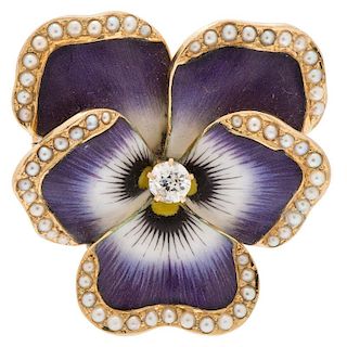 Crane & Theurer Pansy Brooch/Pendant with Pearls, Diamond and Enamel in 14 Karat Yellow Gold