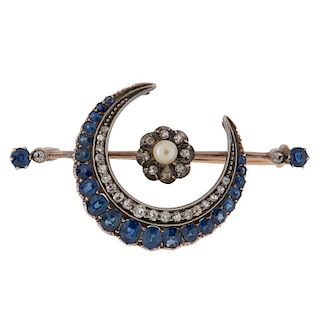 Victorian Sapphire and Diamond Crescent Brooch in 10 Karat Gold and Silver