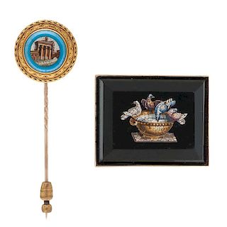 Victorian Micro Mosaic Brooch and Stick Pin in Karat Gold