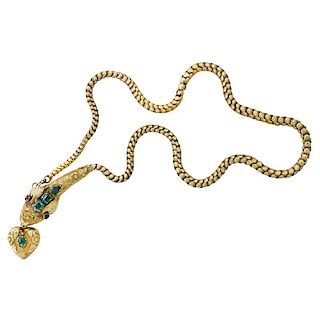 EARLY VICTORIAN GEM SET YELLOW GOLD SNAKE NECKLACE