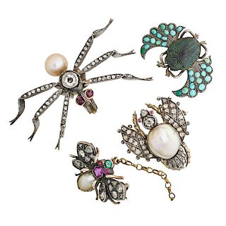 FOUR ANTIQUE DIAMOND OR GEM-SET INSECT BROOCHES