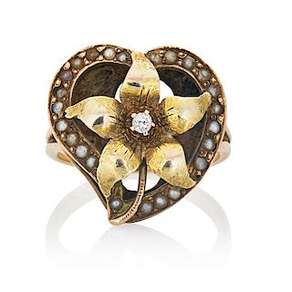 ART NOUVEAU DIAMOND & YELLOW GOLD FLORAL HEART RING