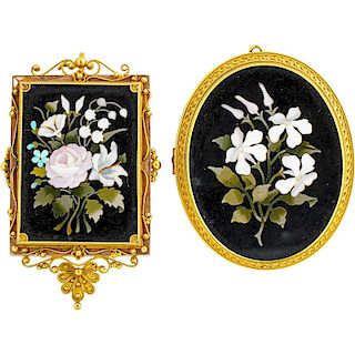 PIETRA DURA GOLD FLORAL PENDANT BROOCHES