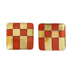ANGELA CUMMINGS, TIFFANY & CO. CORAL INLAID YELLOW GOLD EARRINGS