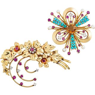 TWO RETRO GEM SET YELLOW GOLD BROOCHES