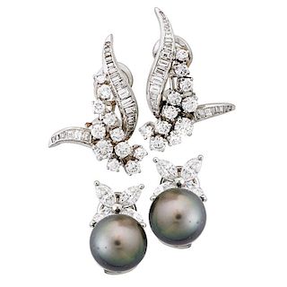 TWO PAIRS OF DIAMOND OR PEARL & PLATINUM EAR CLIPS