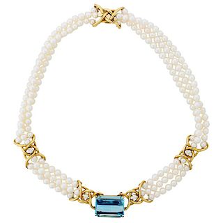 BLUE TOPAZ, DIAMOND & YELLOW GOLD PEARL NECKLACE