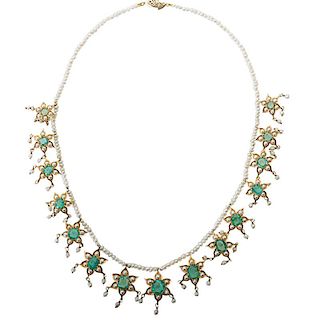 INDIAN EMERALD & YELLOW GOLD PEARL NECKLACE