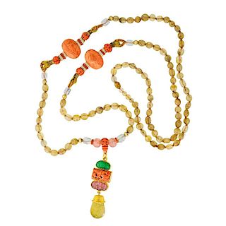 HARRY FIRESIDE CHINESE CARVED CORAL, TOURMALINE & JADE NECKLACE