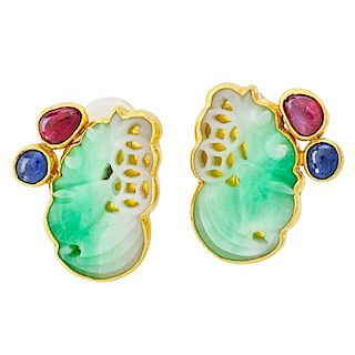 HARRY FIRESIDE CHINESE CARVED JADE, RUBY & SAPPHIRE EAR CLIPS