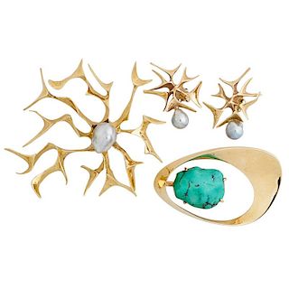 RONALD PEARSON PEARL OR TURQUOISE YELLOW GOLD JEWELRY