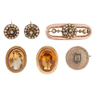 Victorian Brooch and Earrings in 10 Karat Rose and Yellow Gold PLUS Three 14 Karat Yellow Gold Pins