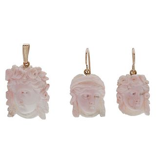 Angel Skin Coral Cameo Pendant and Earrings
