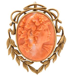 Coral Cameo Convertible Brooch/Pendant in 14 Karat Yellow Gold