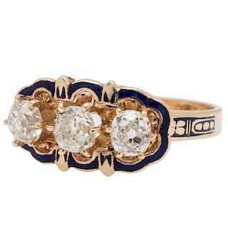 Vintage Three Stone Ring with Old Mine Cut Diamonds in 14 Karat Yellow Gold