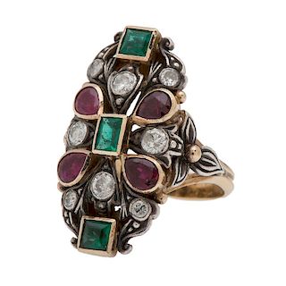 Diamond, Ruby, and Emerald Ring in 18 Karat Gold and Silver